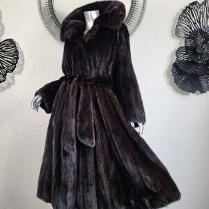 DANKOFF~XL/1X~VINTAGE RANCH BROWN BELTED GENUINE REAL FULL LENGTH MINK FUR COAT